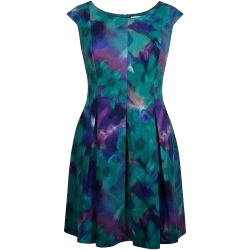 Eliza J Silk Floral Fit Flare Dress Abstract Watercolor Pleated Wedding Size 6